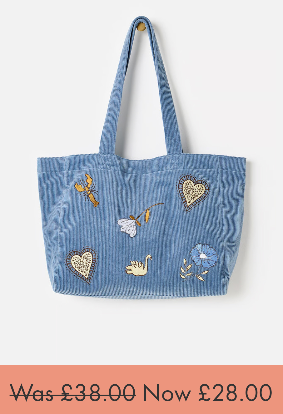 Blue Corduroy Embroidered Tote Shopper Bag